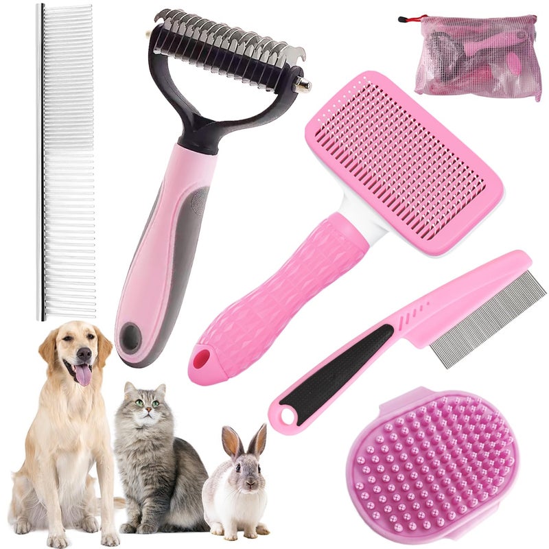 KUEIOX Dog Brush for Shedding,6 PCS in One Pet Slicker Hair Brush Kit Organizer Bag - Dog Cat Grooming Deshedding Undercoat Rake Brush Comb for All Small Large Dogs Cats Pink - Image 1
